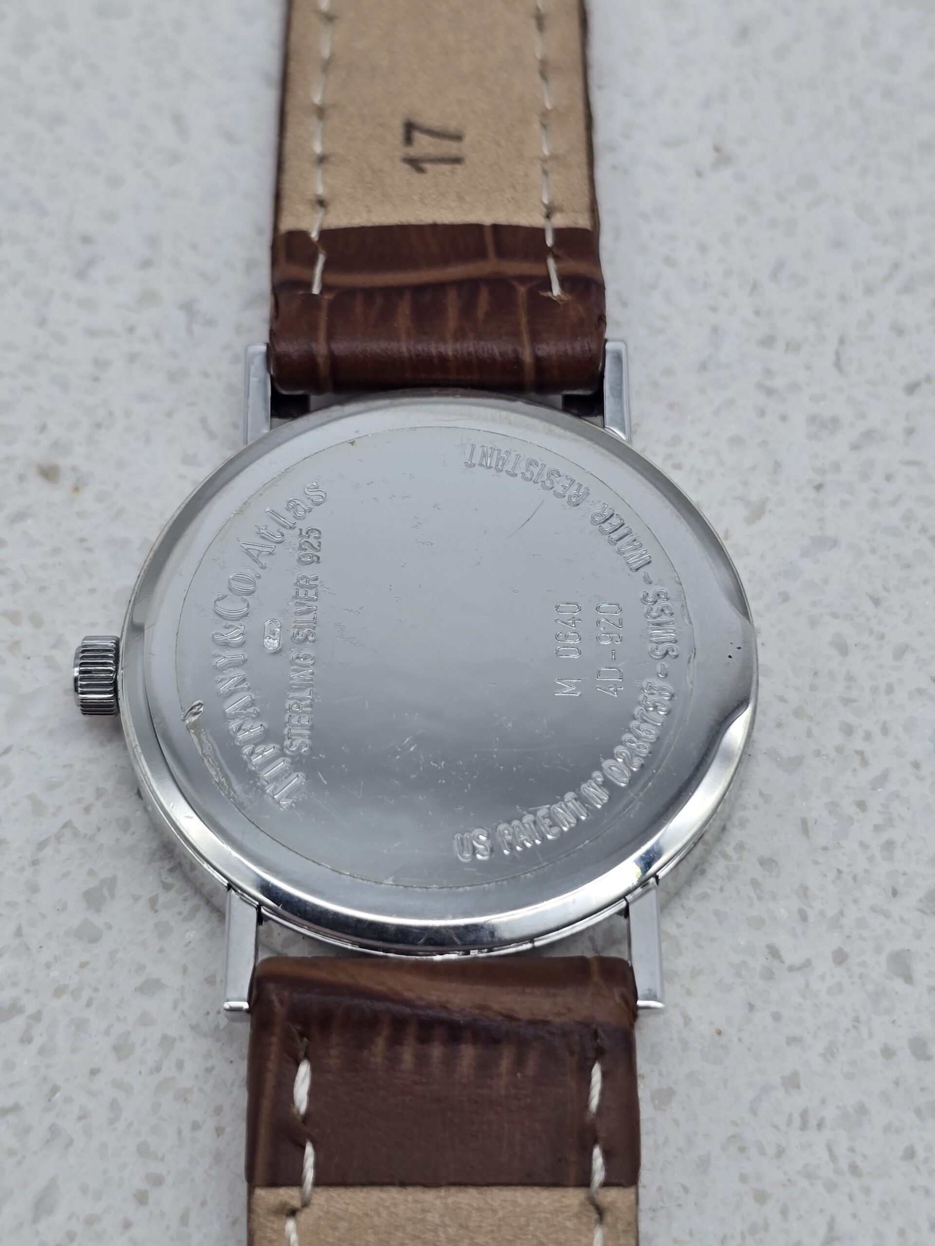 TIFFANY & CO. Atlas - srebrny zegarek vintage na brązowym pasku, 30mm, srebro 925 - obrazek 2