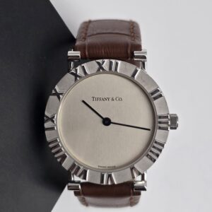 TIFFANY & CO. Atlas - srebrny zegarek vintage na brązowym pasku, 30mm, srebro 925