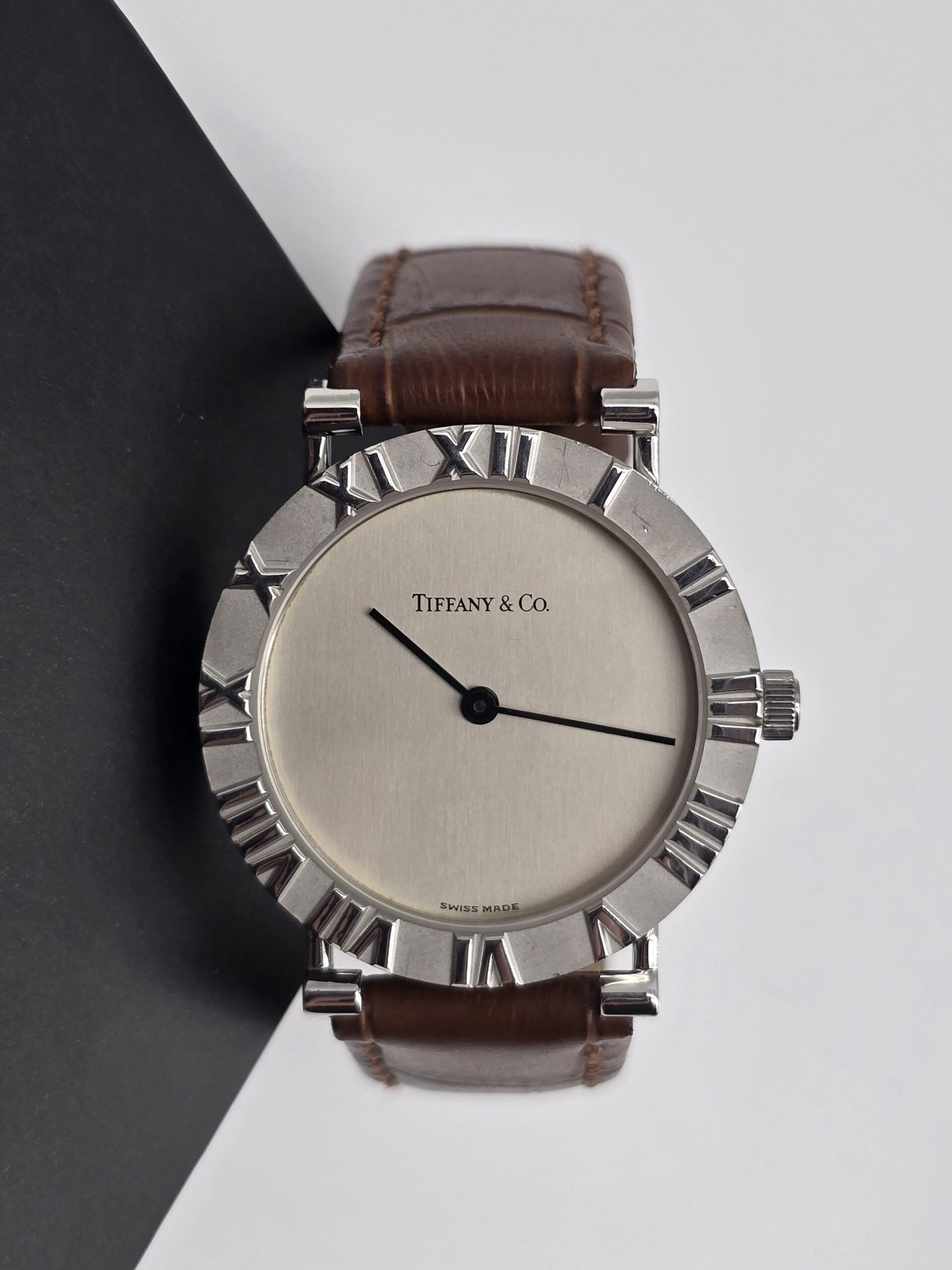 TIFFANY & CO. Atlas - srebrny zegarek vintage na brązowym pasku, 30mm, srebro 925