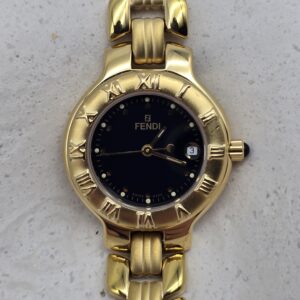 FENDI 900L - złoty zegarek vintage na bransolecie, czarna tarcza, datownik