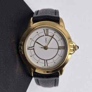 YVES SAINT LAURNET - zegarek vintage na czarnym pasku, złota koperta