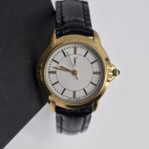 YVES SAINT LAURENT - złoty zegarek vintage na czarnym pasku