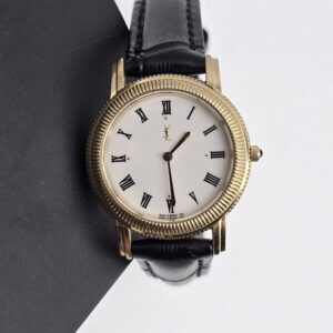 YVES SAINT LAURNENT - złoty zegarek vintage, biała tarcza, czarny pasek