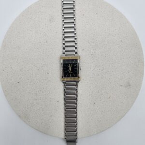 YSL - srebrny zegarek vintage z prostokątną kopertą widok na przód