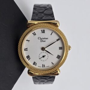 CHRISTIAN DIOR – Złoty zegarek vintage z białą kopertą