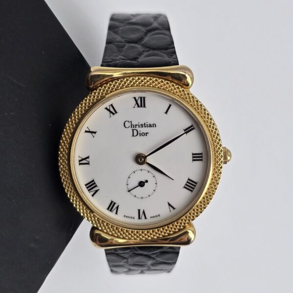 CHRISTIAN DIOR – Złoty zegarek vintage z białą kopertą