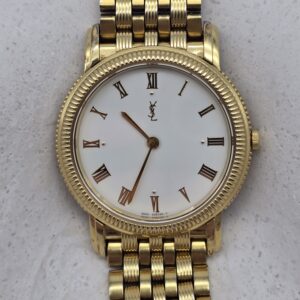 YSL - złoty zegarek vintage na bransolecie z rzymskimi indeksami