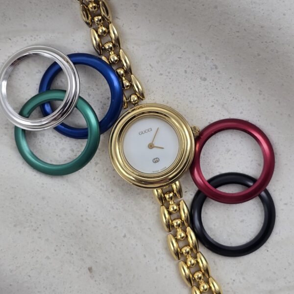 GUCCI - złoty zegarek vintage z wymiennymi bezelami zestaw bezeli