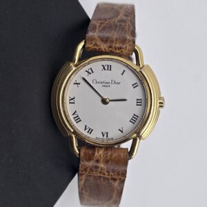 CHRISTIAN DIOR - złoty zegarek vintage na brązowym pasku