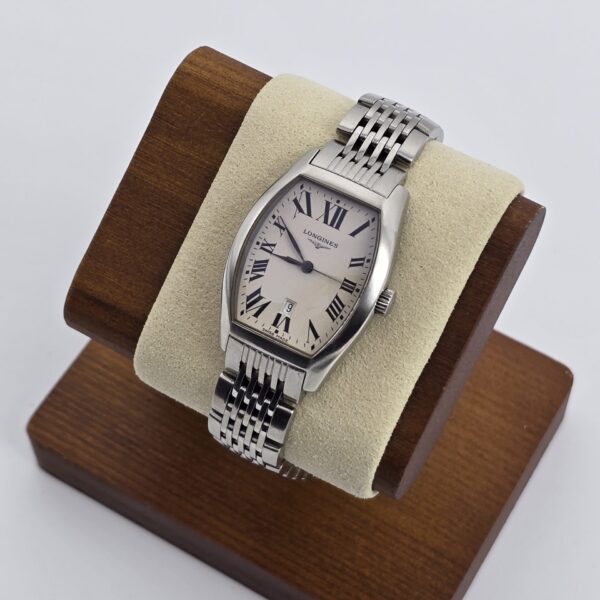 LONGINES EVIDENZA - srebrny zegarek vintage na bransolecie na ekspozytorze