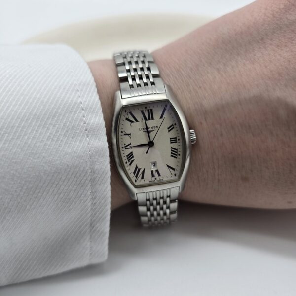 LONGINES EVIDENZA - srebrny zegarek vintage na bransolecie na ręce
