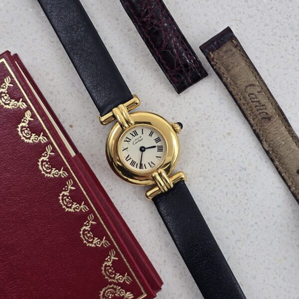 CARTIER - złoty delikatny zegarek vintage z kartą i paskiem