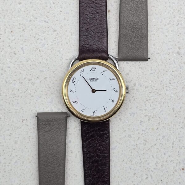 HERMÈS ARCEAU - zegarek vintage na brązowym pasku zestaw pasków