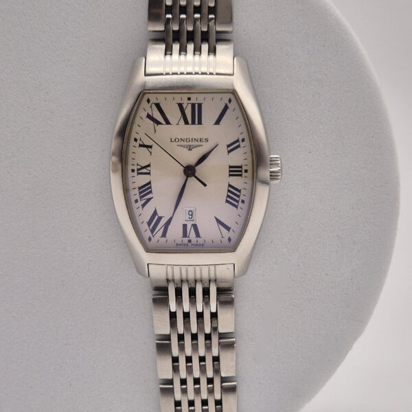 LONGINES EVIDENZA - srebrny zegarek vintage na bransolecie zbliżenie na tarczę