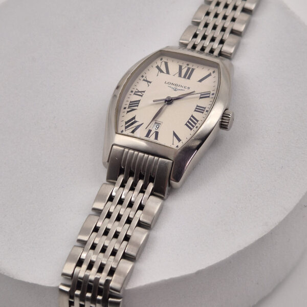 LONGINES EVIDENZA - srebrny zegarek vintage na bransolecie od boku