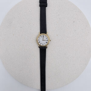 YSL - klasyczny złoty zegarek vintage na czarnym pasku widok na przód