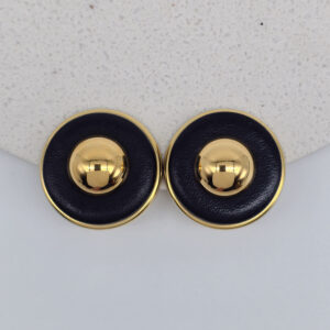 HERMÈS PARIS - złote okrągłe klipsy vintage z czarną skórą