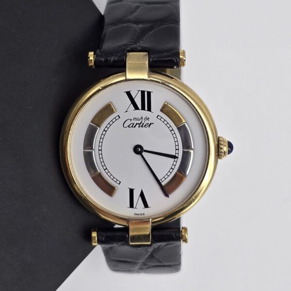 MUST DE CARTIER TRINITY - złoty zegarek vintage na czarnym pasku