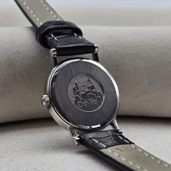 OMEGA De Ville - srebrny zegarek vintage na czarnym pasku sygnowanie tył