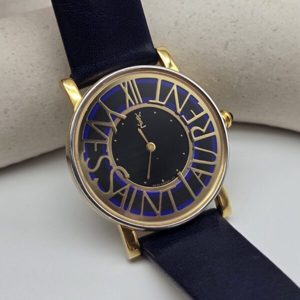 YSL - duży zegarek vintage z granatowymi wstawkami zoom przód