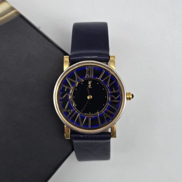 YSL - duży zegarek vintage z granatowymi wstawkami
