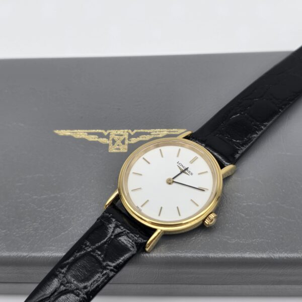 LONGINES - minimalistyczny zegarek vintage na czarnym pasku na pudełku