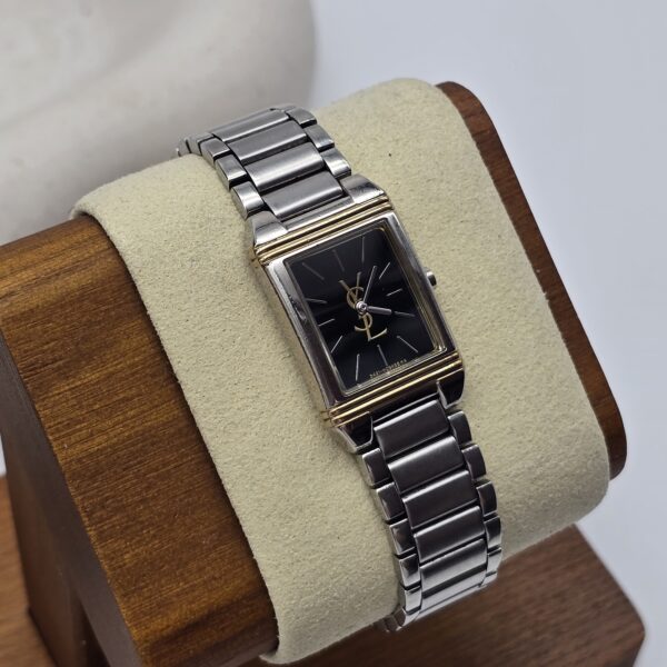 YVES SAINT LAURENT – geometryczny zegarek vintage z czarną tarczą