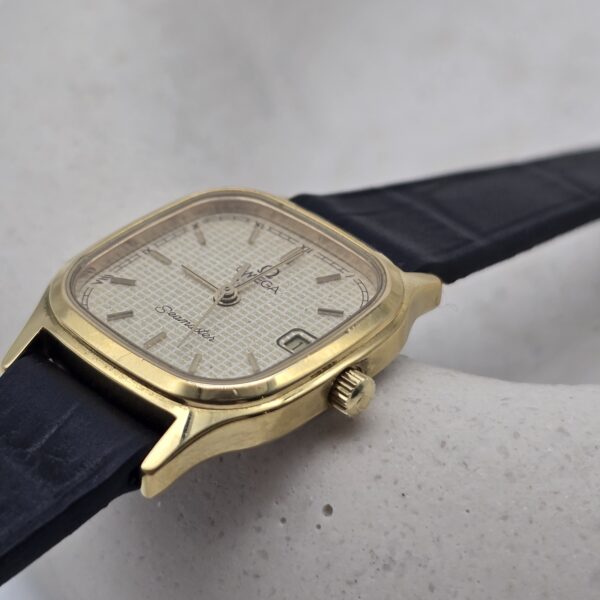OMEGA – zegarek vintage złoty Seamaster z datownikiem, lata 90. koronka