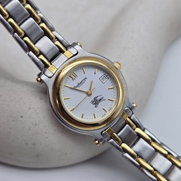 BURBERRY - minimalistyczny zegarek vintage w bikolorze z datownikiem, lata 90.