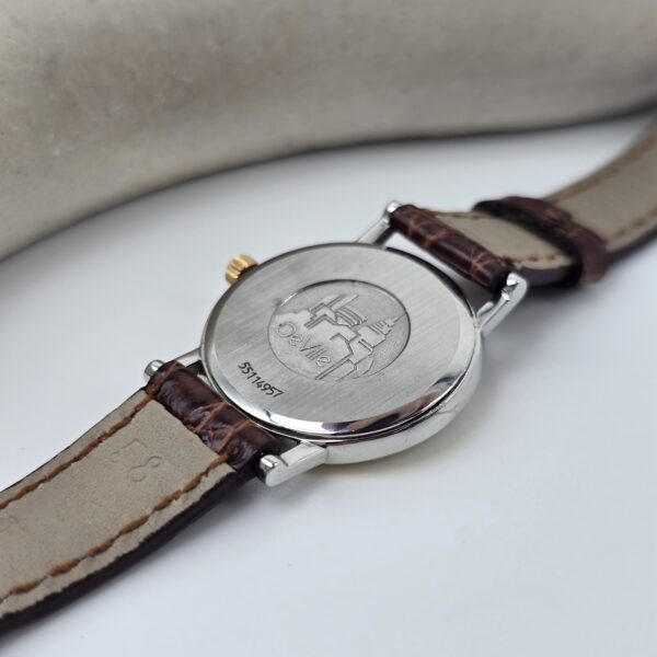 OMEGA - elegancki zegarek vintage na pasku z liniowymi indeksami, lata 80. tył