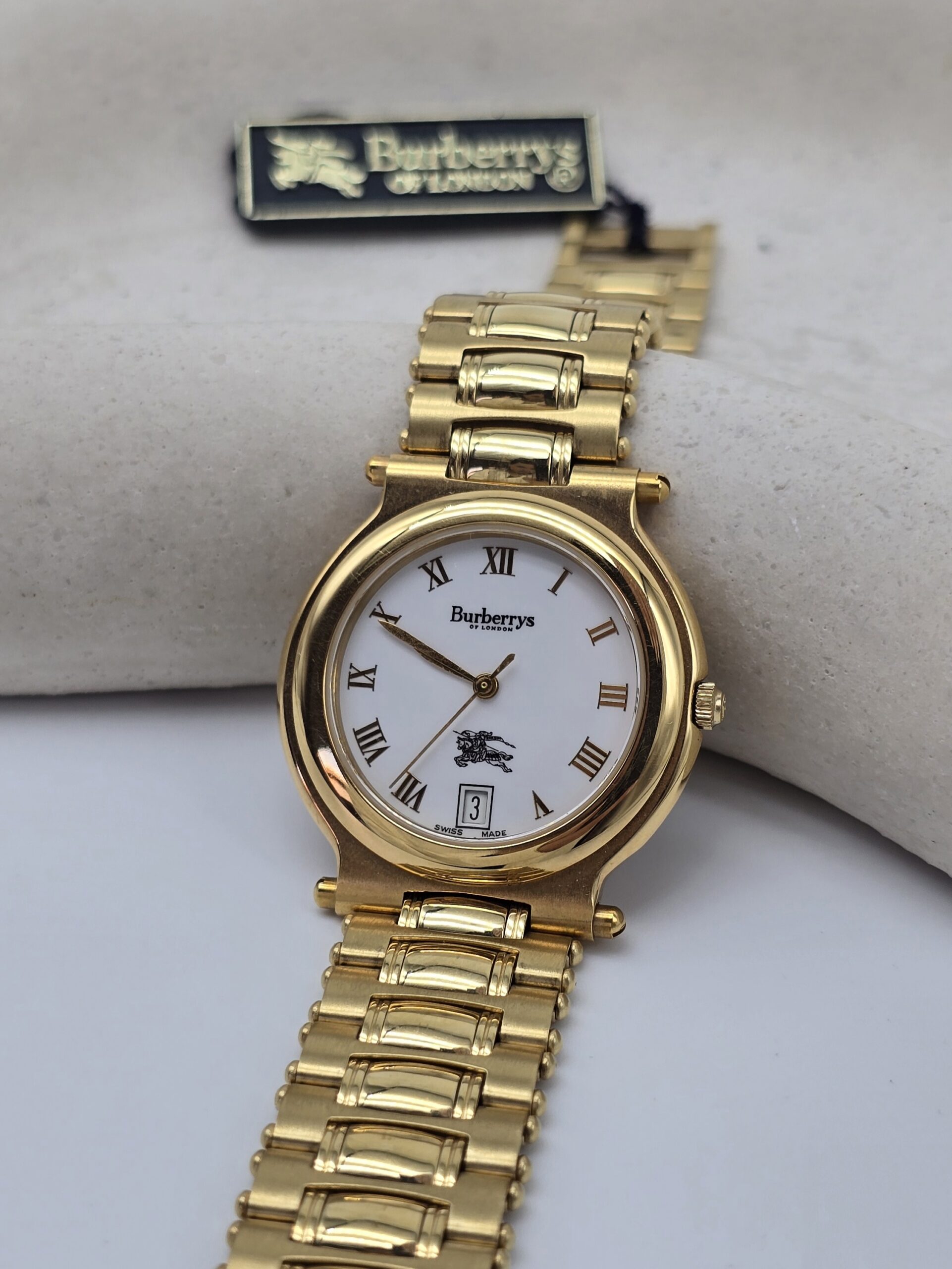 BURBERRY - elegancki zegarek vintage z rzymskimi indeksami, lata 90. tarcza