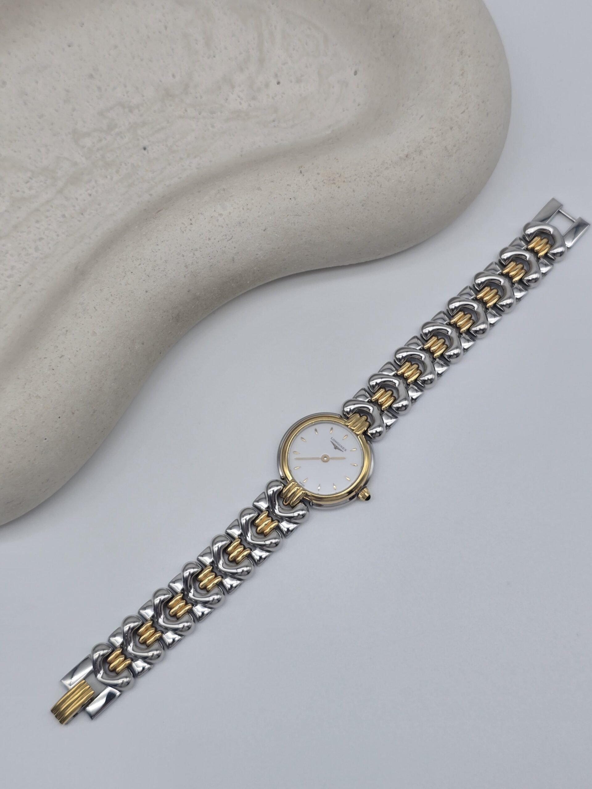 LONGINES - zegarek vintage na bransolecie z liniowymi indeksami całość