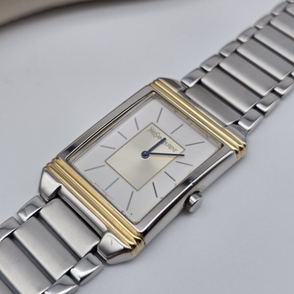 YSL - zegarek vintage na bransolecie z liniowymi indeksami, lata 90. tarcza