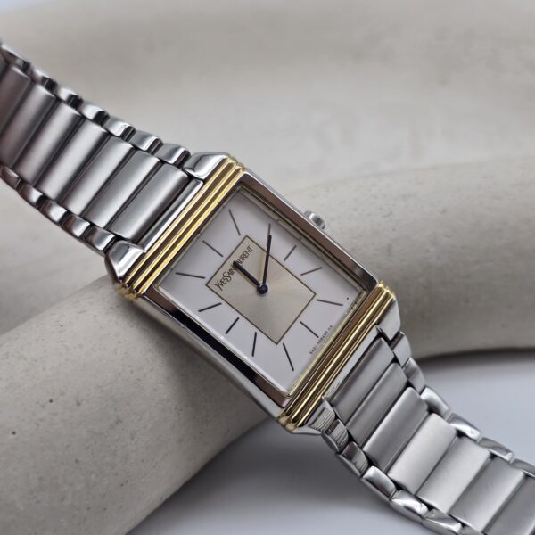 YSL - zegarek vintage na bransolecie z liniowymi indeksami, lata 90.
